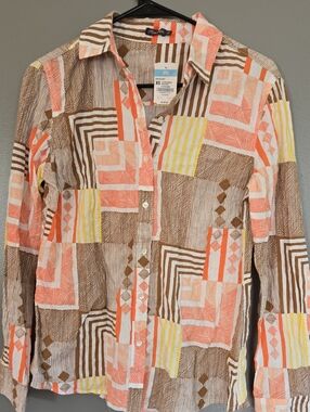 J. McLaughlin Coral, Brown & Yellow Geometric Button-Down Shirt